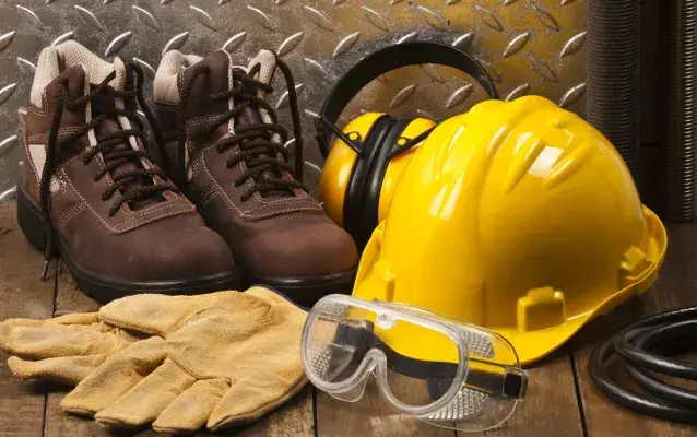 Équipement de protection, casque, gants, bottes et lunette, pour travailleur en construction