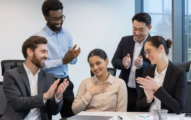 Les collègues se réjouissent et félicitent leur partenaire, un groupe diversifié de gens d’affaires sur le lieu de travail.
