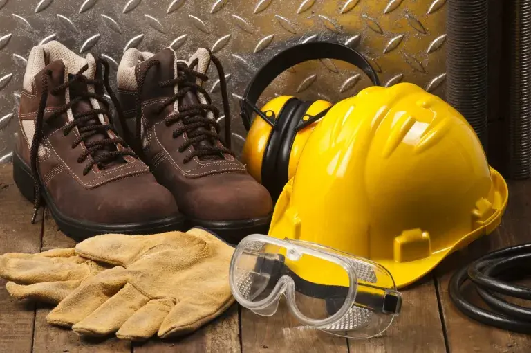 Équipement de protection, casque, gants, bottes et lunette, pour travailleur en construction