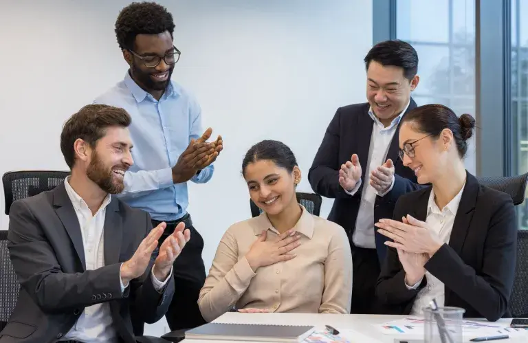 Les collègues se réjouissent et félicitent leur partenaire, un groupe diversifié de gens d’affaires sur le lieu de travail.